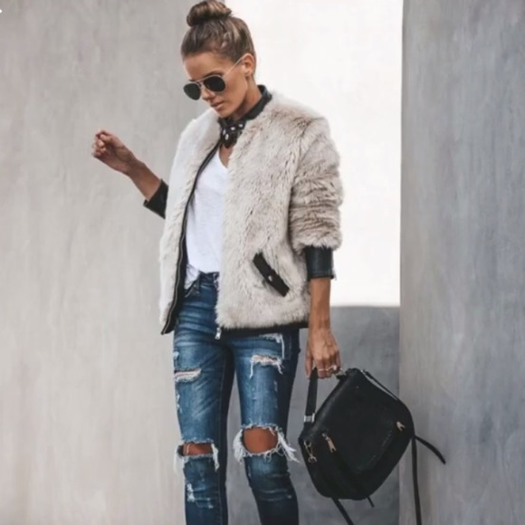 Beige faux fur / faux leather jacket - Picture 5 of 5